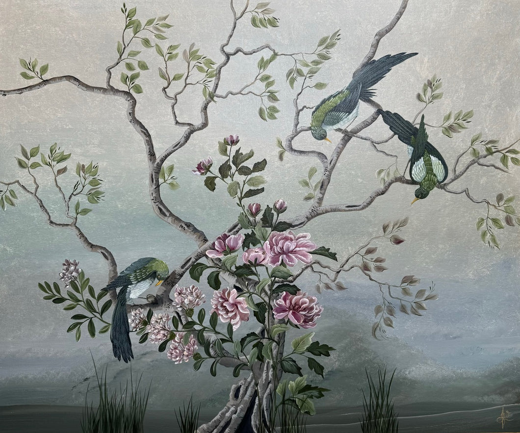 Blue Chinoiserie with Green Birds and Pink Peonies